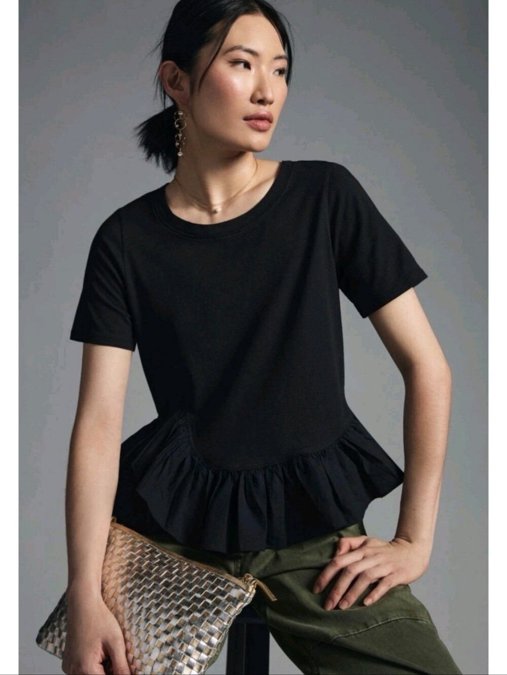 Maeve Anthropologie Ruffle-Hem Peplum Blouse Black Size Small Minimalistq